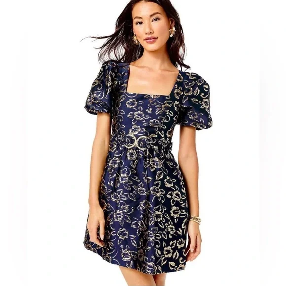 green emerald velvet dress Lilly Pulitzer Aubra Embroidered Dress In Navy /Gold Sz XS